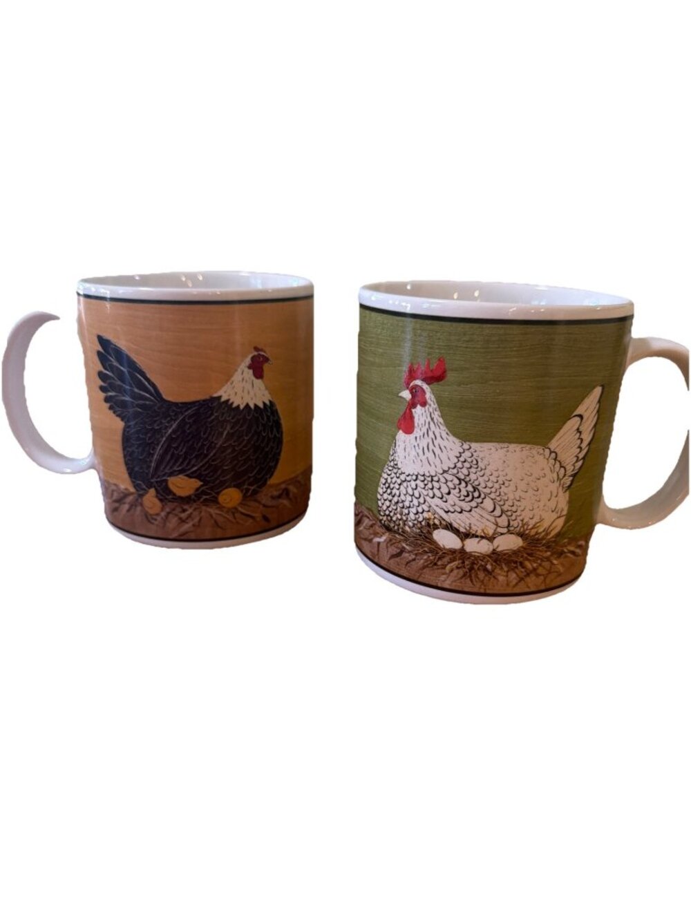 2 Warren Kimble HENNY PENNY By Sakura 2000 Chickens Farmhouse Mugs Red Yellow